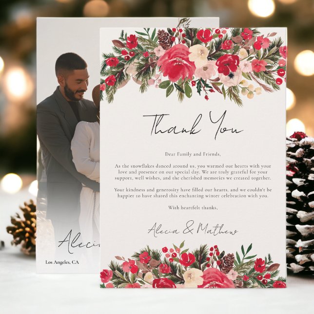 Cartão De Agradecimento Casamento no inverno Floral Vermelho Russo (Rustic Red green Floral Winter Wedding Thank You Card)