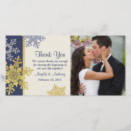 Cartão De Agradecimento Casamento no inverno marinho Azul Dourado Floco de