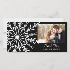 Cartão De Agradecimento Casamento no inverno preto e branco com floco de n