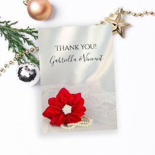 Cartão De Agradecimento Casamento no inverno Red Poinsettia e Pérolas Obri