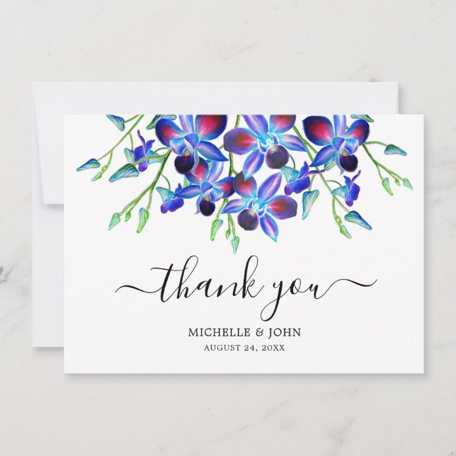 Cartão De Agradecimento Casamento Nome Aquarela Orquídeas Florais Azul Mod (Frente)