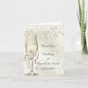 Cartão De Agradecimento Casamento Obrigado Dourado Creme Pérola Rosas Flor