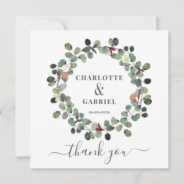 Cartão De Agradecimento Casamento Obrigado Eucalyptus Greenery (Frente)