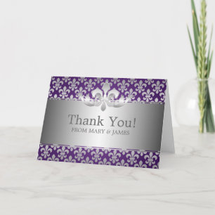 Cartão De Agradecimento Casamento "Obrigado" Fleur De Lis Roxo