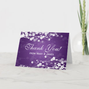 Cartão De Agradecimento Casamento "Obrigado" Flor de Cerejeira Roxo