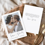Cartão De Agradecimento Casamento Obrigado Foto Simples Minimalista<br><div class="desc">Nado Obrigado Cartões que têm uma foto na frente e atrás. Os cartões de agradecimento contêm uma tipografia cursiva moderna,  escrita com letra de mão,  que é elegante,  simples e moderna para usar após a celebração do dia do casamento.</div>