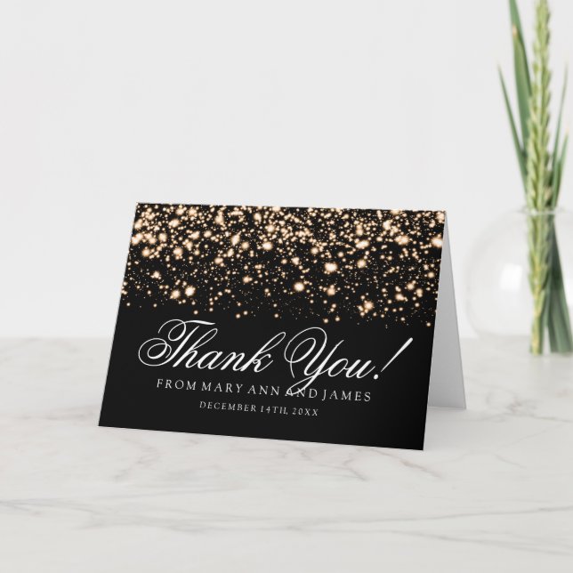 Cartão De Agradecimento Casamento "Obrigado" Gold Midnight Glam (Frente)