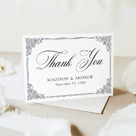 Cartão De Agradecimento Casamento Ornato Quadro Preto Vintage Elegante