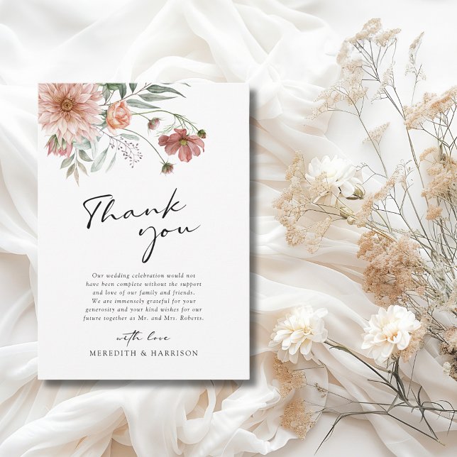 Cartão De Agradecimento Casamento outono Floral Boho Terracotta (Boho Terracotta Floral Fall Wedding Thank You Card)