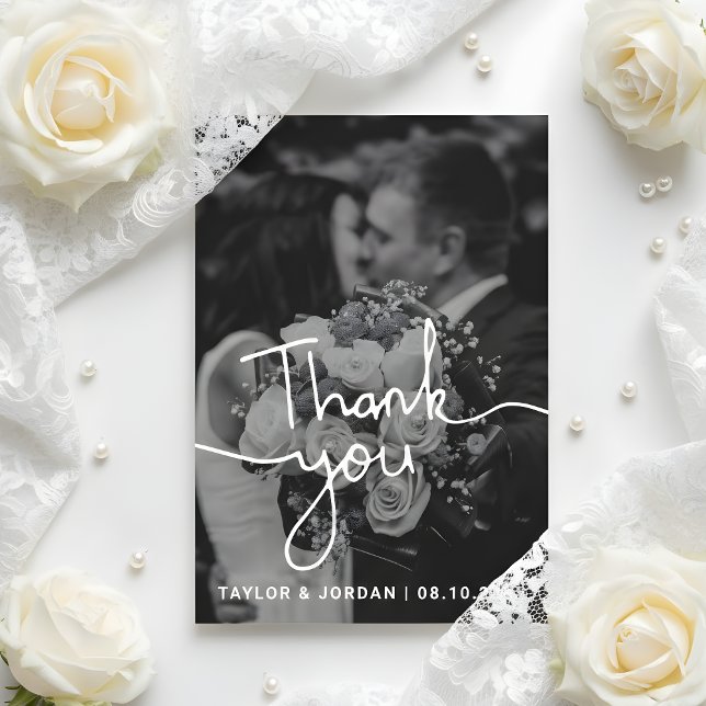 Cartão De Agradecimento Casamento Personalizado com Foto Script Minimalist (Criador carregado)