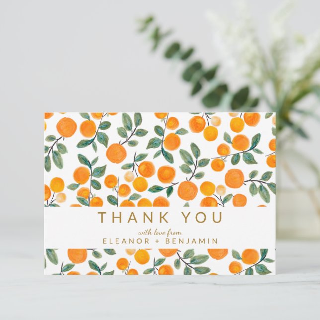 Cartão De Agradecimento Casamento Personalizado de Citrus Laranja Aquarela (Em pé/Frente)