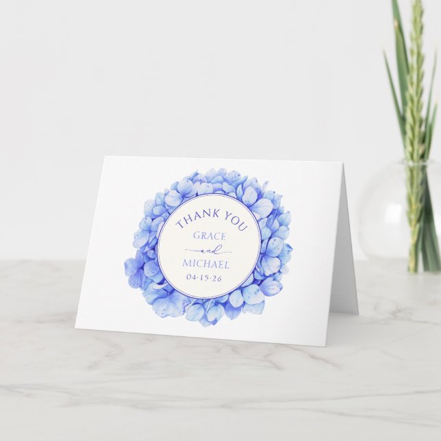 Cartão De Agradecimento Casamento Personalizado De Hydrangea De Cor Azul E (Frente)
