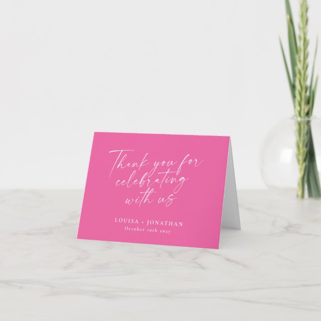 Cartão De Agradecimento Casamento Personalizado de Script Moderno Rosa-Que (Frente)