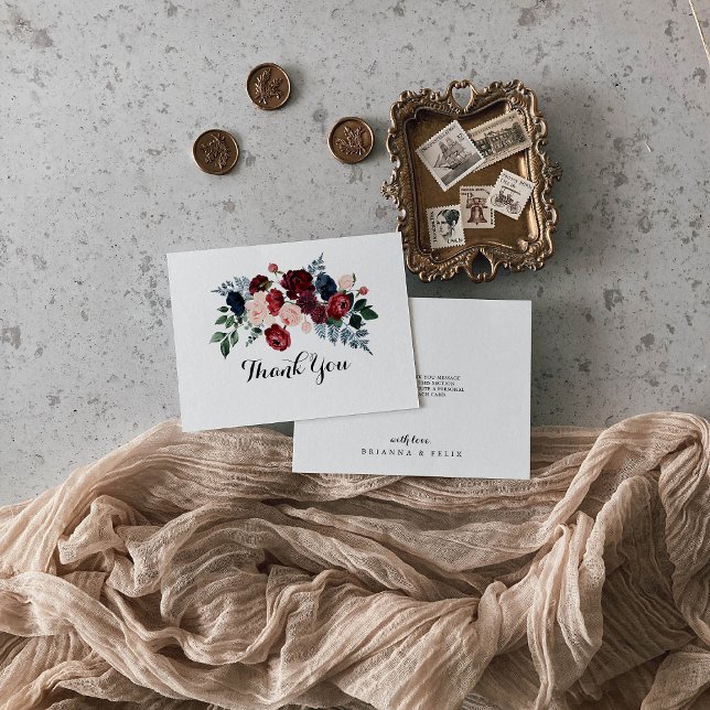 Cartão De Agradecimento Casamento Plana Floral Flor, Marinho Rosa Burgundy (Criador carregado)