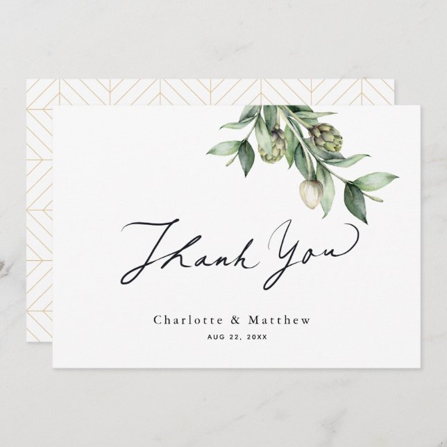 Cartão De Agradecimento Casamento por Aquarela de Greenery & Artichokes (Frente/Verso)