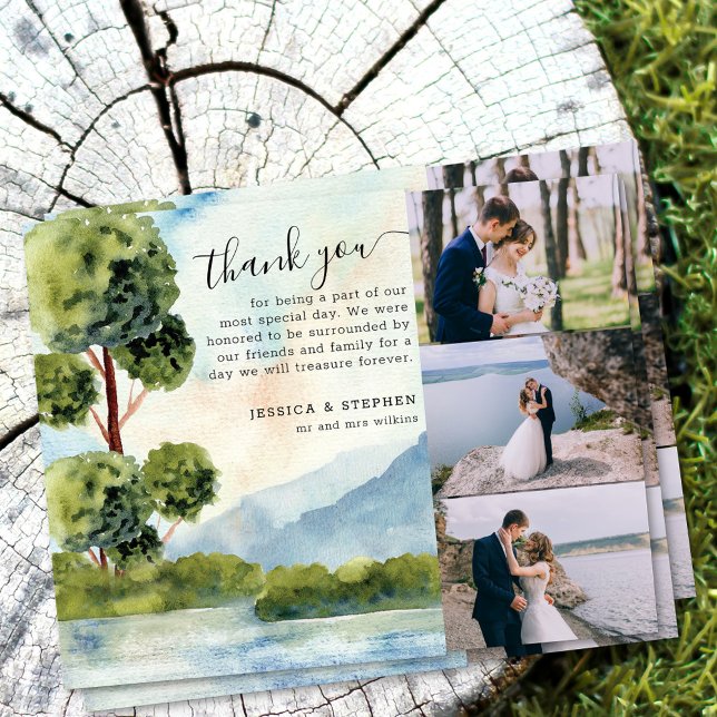 Cartão De Agradecimento Casamento Por Aquarela Do Lago Evergreen 3 Photo (3 Photo Wedding thank you cards from Lake Evergreen collection)