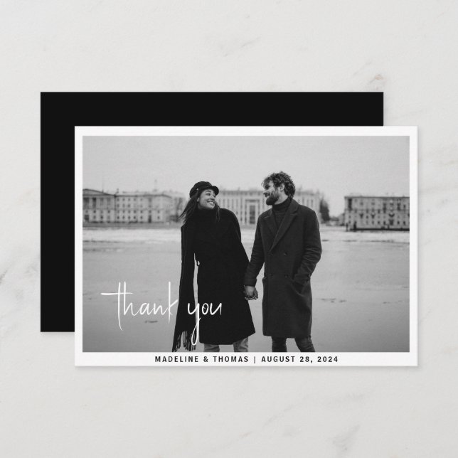 Cartão De Agradecimento Casamento Preto com Fotografia da Caligrafia Moder (Frente/Verso)
