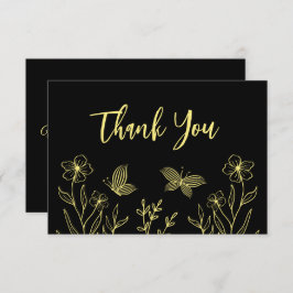 Cartão De Agradecimento Casamento preto de flor dourada simples