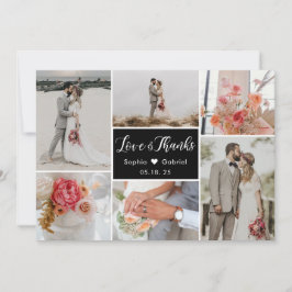 Cartão De Agradecimento Casamento preto e branco da Colagem de Fotos Elega
