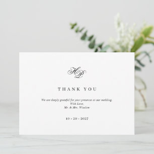Cartão De Agradecimento Casamento preto e branco do Monograma de Script El