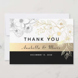 Cartão De Agradecimento Casamento Preto e Dourado Elegante Vintage
