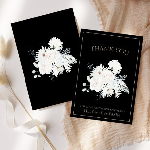 Cartão De Agradecimento Casamento Preto Floral Branco de Inverno Elegante