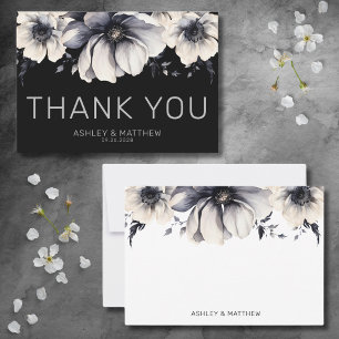 Cartão De Agradecimento Casamento Preto Floral Elegante Moderno