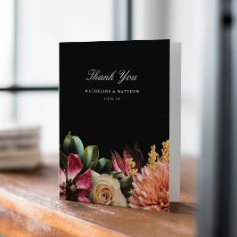 Cartão De Agradecimento Casamento Preto Floral Escuro + Elegante Moody