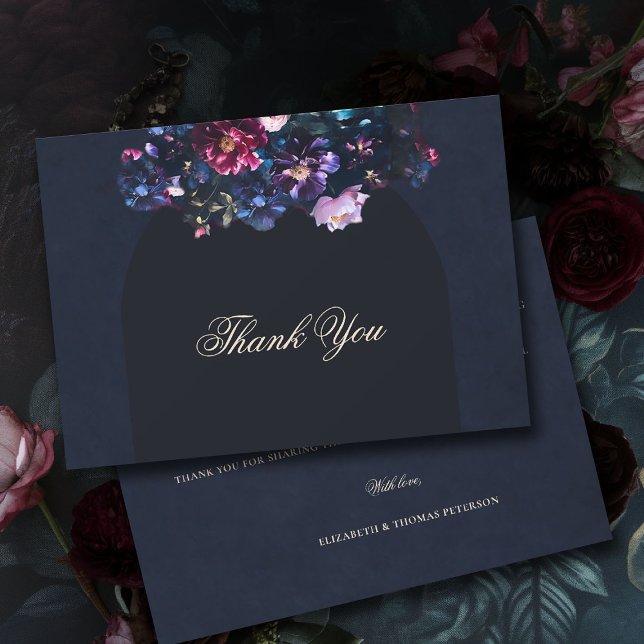Cartão De Agradecimento Casamento Preto Romântico Romântico das Moody Escu (dark moody wedding thank you card purple black jewel tones dutch painting romantic gothic)