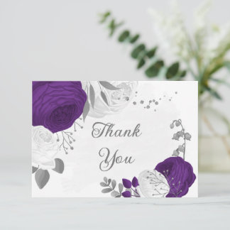 Cartão De Agradecimento casamento real roxo e flores brancas de prata