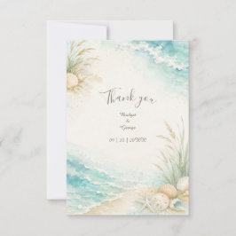 Cartão De Agradecimento Casamento Romântico à Beira-Mar Aquarela Praia
