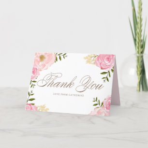 Cartão De Agradecimento Casamento Romântico com Peônias e Rosas em Aquarel