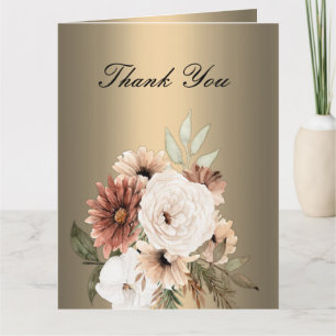 Cartão De Agradecimento Casamento Romântico Dourado e Boho Wildflower