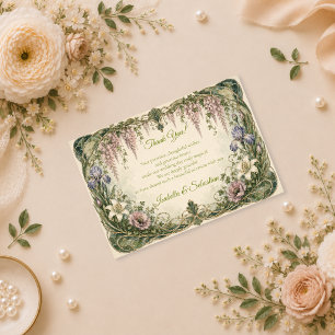 Cartão De Agradecimento Casamento Romântico no Jardim com Arte Nova e Wist