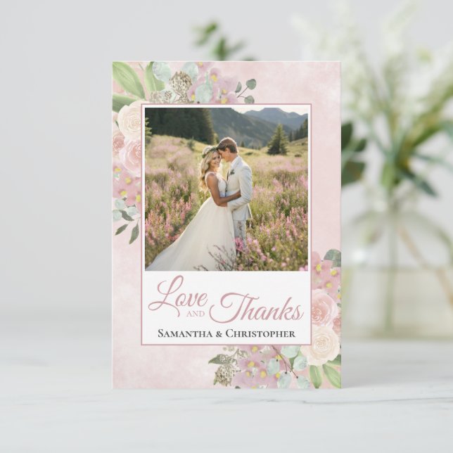 Cartão De Agradecimento Casamento Rosa Bege e Mauve Floral Amor e Gratidão (Em pé/Frente)