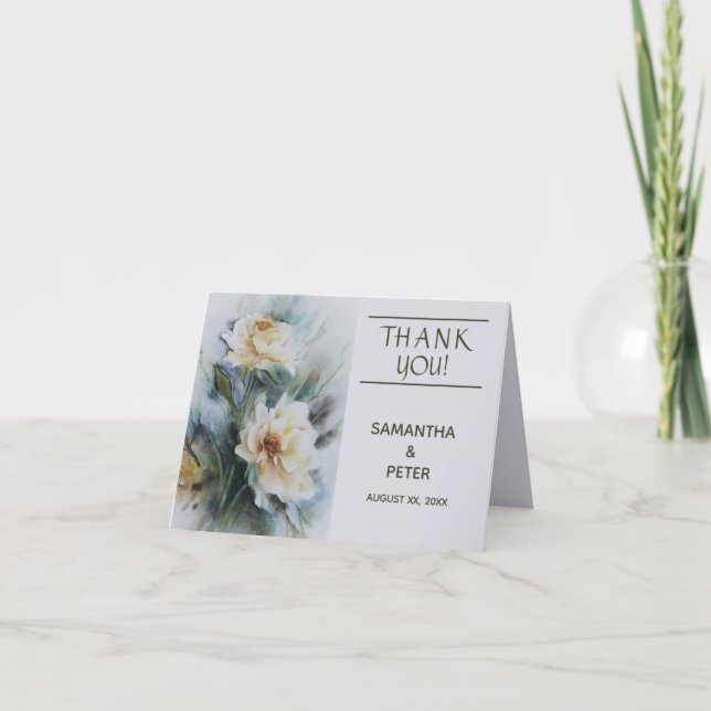 Cartão De Agradecimento Casamento, Rosas de Aquarela, Sage Green, Elegante (Frente)