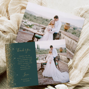 Cartão De Agradecimento Casamento Roteiro Brilho Dourado Verde Escuro Foto
