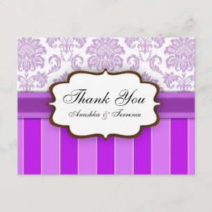 Cartão De Agradecimento Casamento Roxo Damask Stripe Obrigado