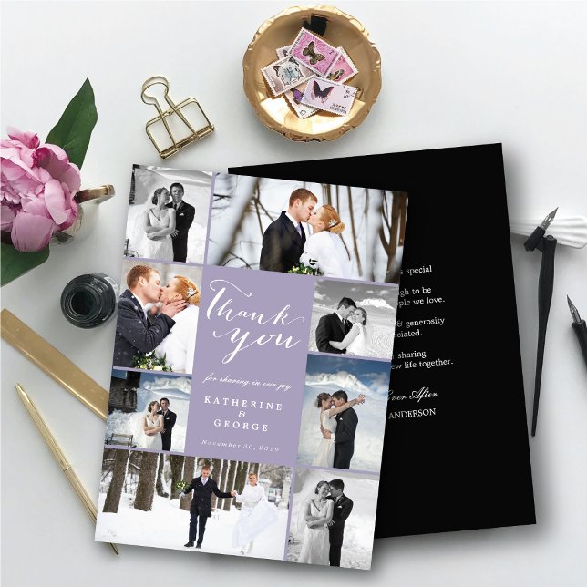Cartão De Agradecimento Casamento Roxo de Na moda de Fotografia Multipla d (Modern Classy Script 8 Multi Photo Collage Stylish Wedding Thank You Card @ fatfatin_blue_knot)