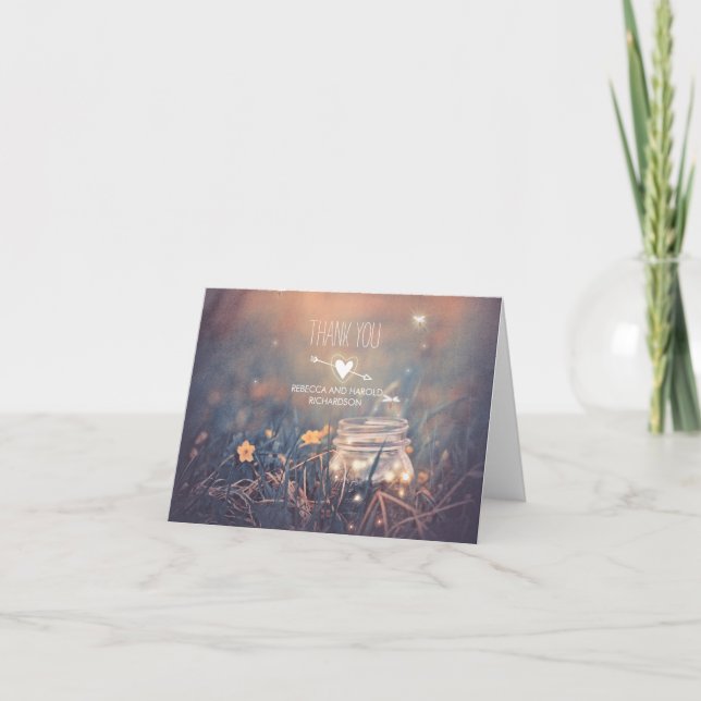 Cartão De Agradecimento Casamento Russo Obrigado com Fireflies Mason Jar (Frente)