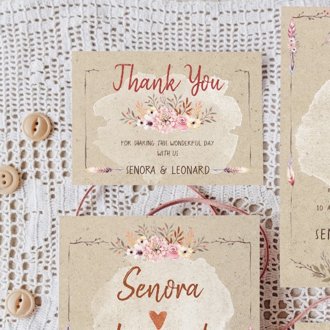 Cartão De Agradecimento Casamento Rustic Boho Floral Kraft (Criador carregado)