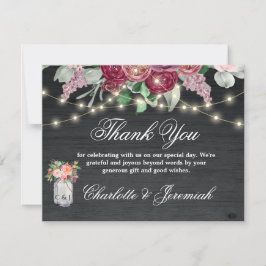 Cartão De Agradecimento Casamento Rustic Burgundy Mason Jar String Luzes