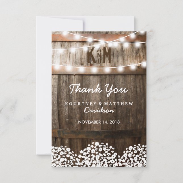 Cartão De Agradecimento Casamento Rustic Country | String de luzes (Frente)