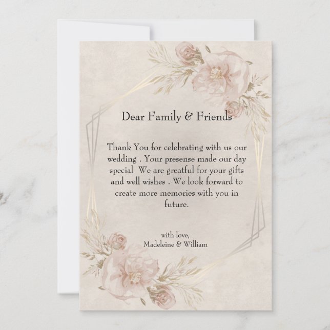 Cartão De Agradecimento Casamento Rustic Dusty Roses Rosa e Flores Selvage (Frente)