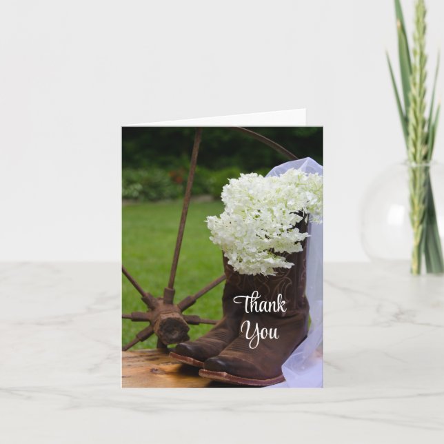 Cartão De Agradecimento Casamento Rustic Hydrangea Cowboy Boots Obrigado (Frente)