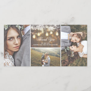 Cartão De Agradecimento Casamento Rustic Lace e Mason Jar Lights Obrigado