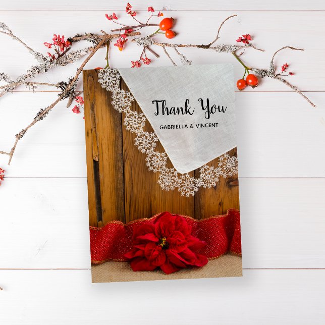 Cartão De Agradecimento Casamento Rustic Poinsettia Winter Barn Obrigado (Show your gratitude after your December celebration event with this festive thank you note.)