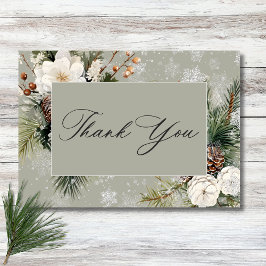 Cartão De Agradecimento Casamento Rustic Snowfall Pine & White Floral Sage