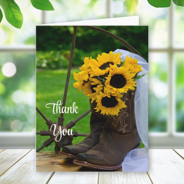 Cartão De Agradecimento Casamento Rustic Sunflower Cowboy Boots Obrigado (Criador carregado)