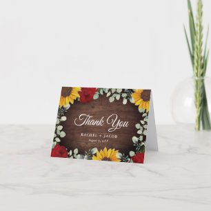 Cartão De Agradecimento Casamento Rustic Sunflower Eucalyptus Rosa vermelh